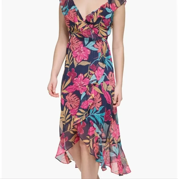 Kenzie Tropical Floral Faux Wrap Dress Sz 14 - Picture 3 of 9